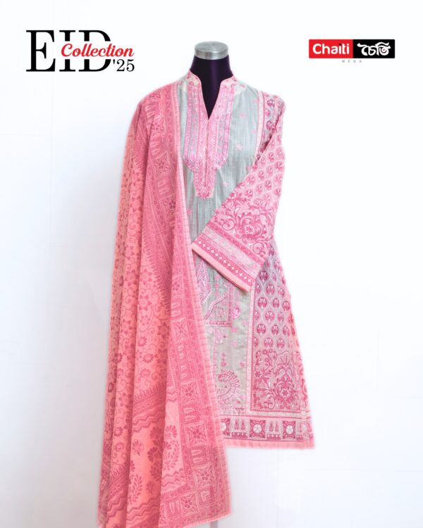 Pink Embroidered Loom Cotton Three Piece