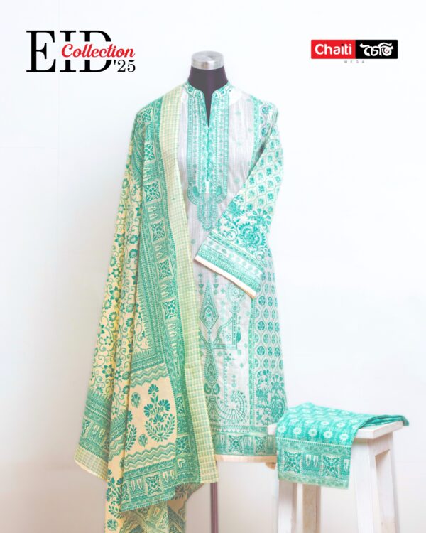 Turquoise Embroidered Loom Cotton Three Piece - Image 4