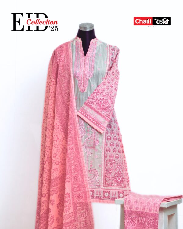 Pink Embroidered Loom Cotton Three Piece - Image 3