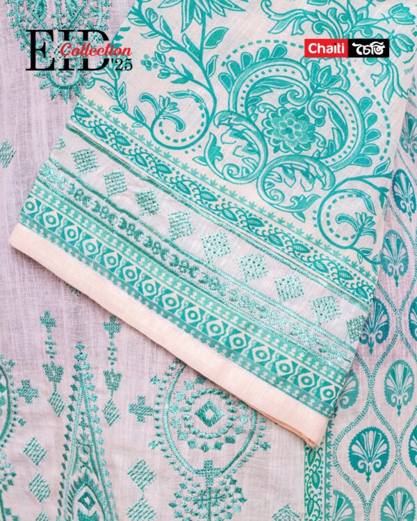 Turquoise Embroidered Loom Cotton Three Piece - Image 2