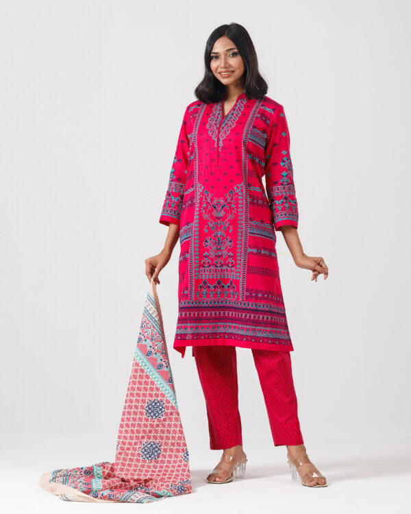 Magenta Screenprinted Pure Cotton Three Piece