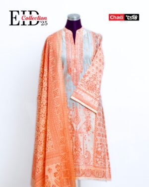 Bright Orange Embroidered Loom Cotton Three Piece
