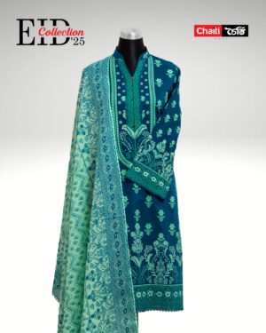 Teal Embroidered Pure Cotton Three Piece
