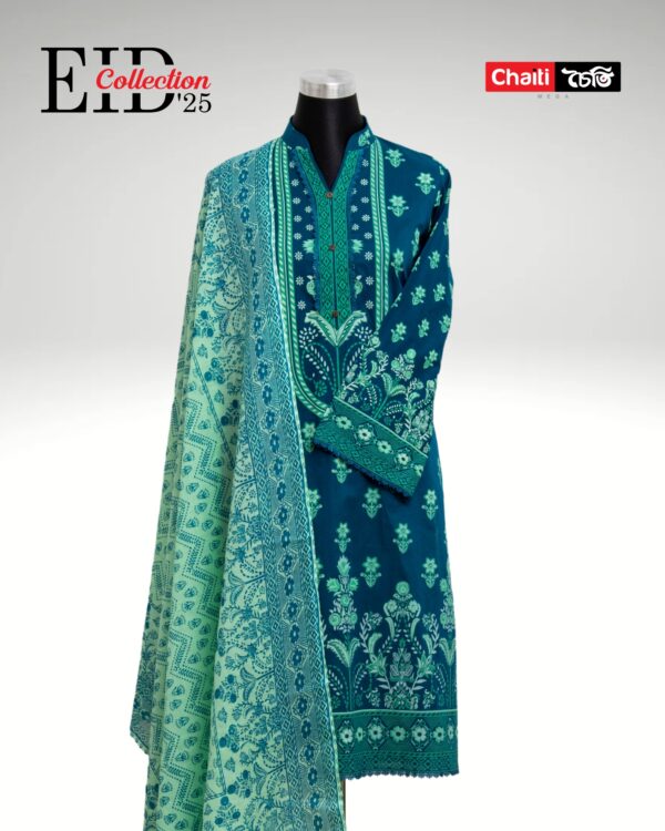 Teal Embroidered Pure Cotton Three Piece