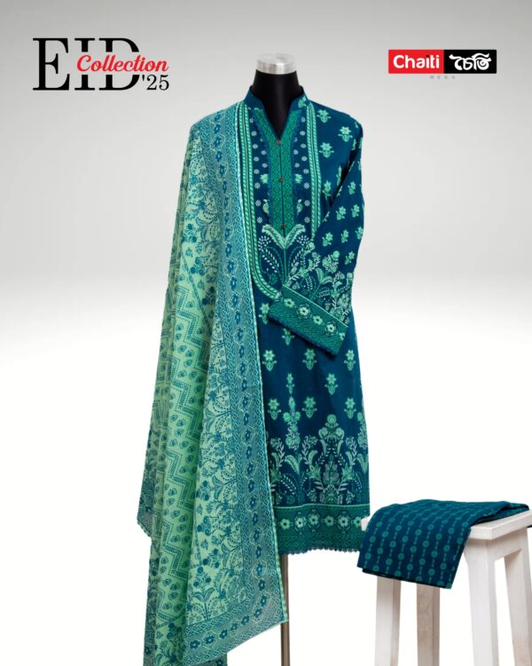 Teal Embroidered Pure Cotton Three Piece - Image 4