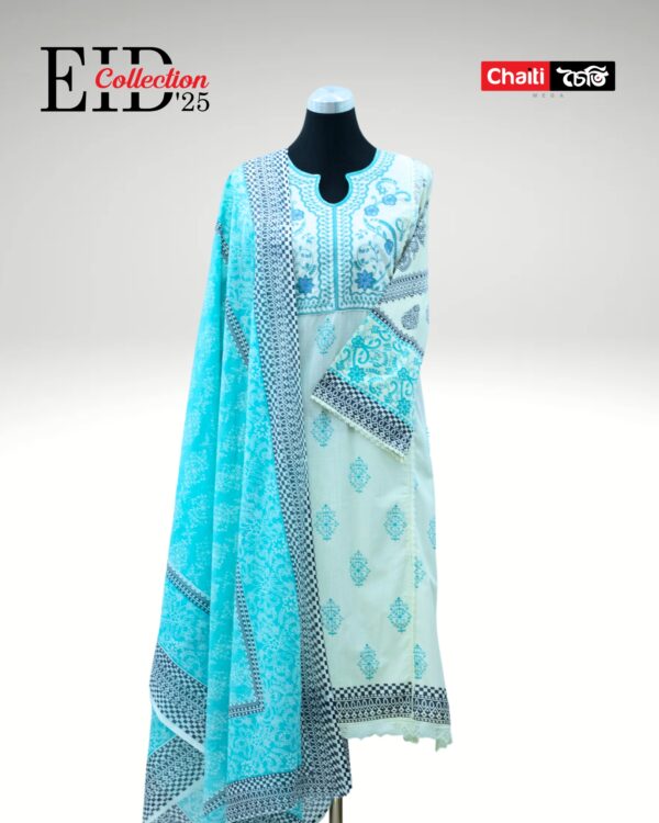 Sky Blue Embroidered Loom Cotton Three Piece