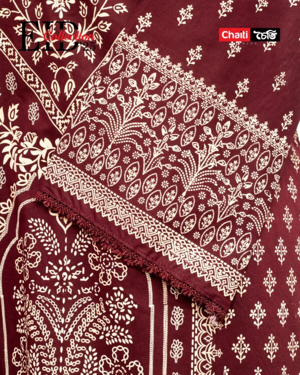 Dark Brown Chaiti Printed Pure Cotton Three Piece - Image 3