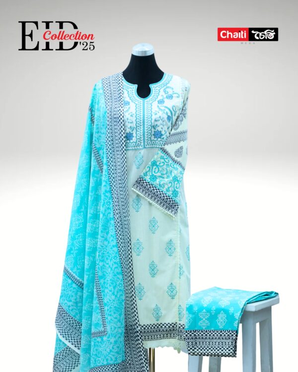 Sky Blue Embroidered Loom Cotton Three Piece - Image 4
