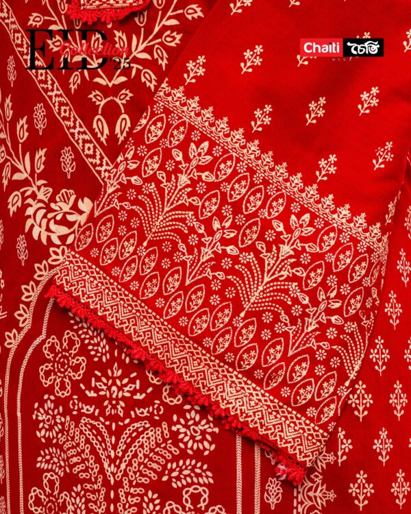 Red Chaiti Printed Pure Cotton Three Piece - Image 2