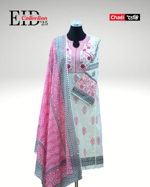 Pink Embroidered Loom Cotton Three Piece