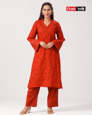 Embroidered Premium Pure Cotton Co-Ords- Flame