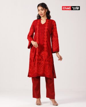 Embroidered Premium Pure Cotton Co-Ords- Carmine