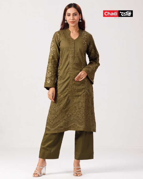Embroidered Premium Pure Cotton Co-Ords- Olive