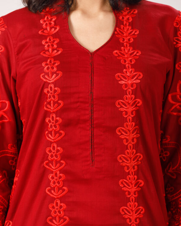 Embroidered Premium Pure Cotton Co-Ords- Carmine - Image 3