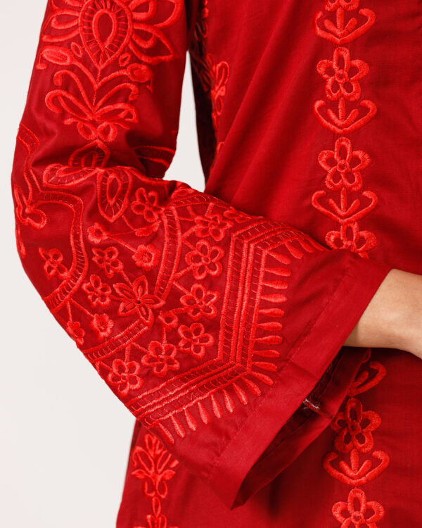 Embroidered Premium Pure Cotton Co-Ords- Carmine - Image 2