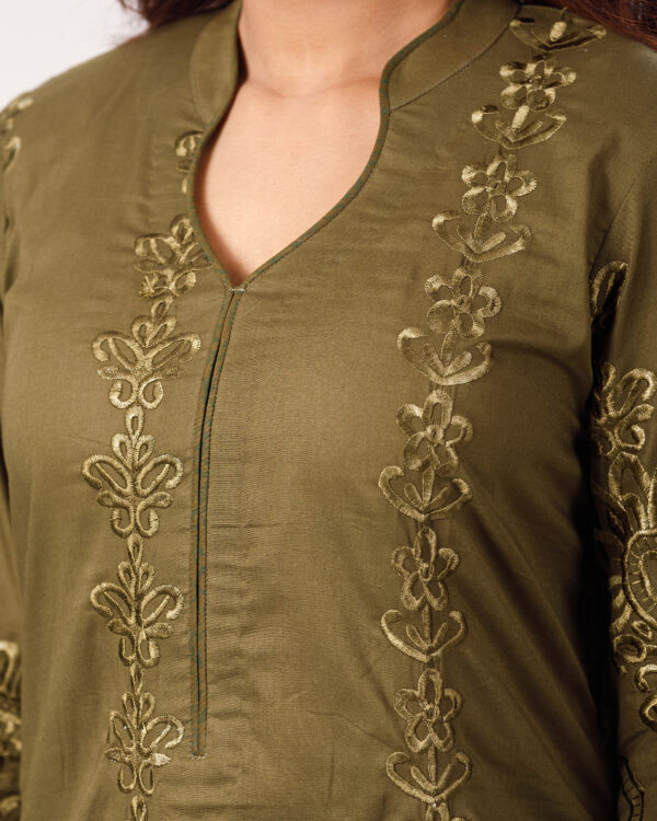 Embroidered Premium Pure Cotton Co-Ords- Olive - Image 3