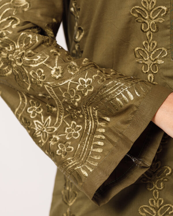 Embroidered Premium Pure Cotton Co-Ords- Olive - Image 2