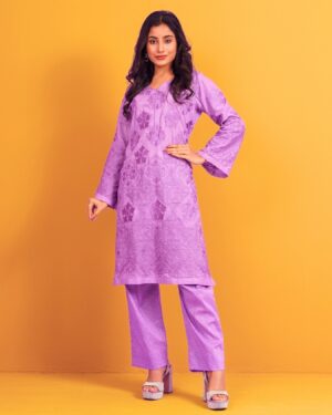 Embroidered Premium Pure Cotton Co-Ords- Purple